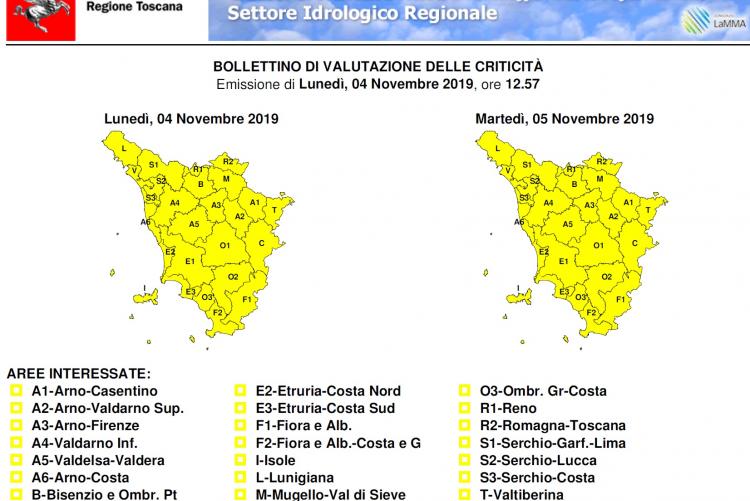 Bollettino avviso di criticità codice giallo per la Toscana