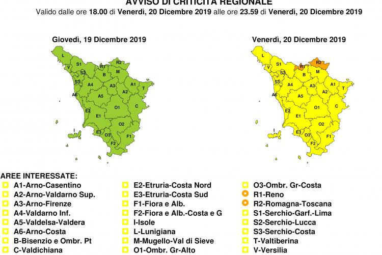 Bollettino criticità codice giallo per venerdì 20 dicembre