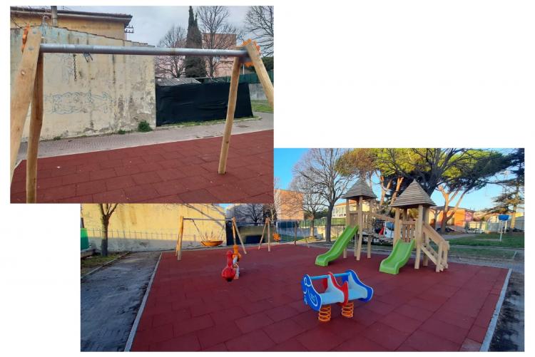 Foto dell'altalena dopo e prima del furto