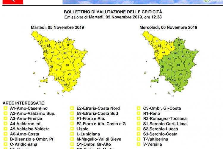 Avviso di criticità codice giallo per il 6 novembre 2019