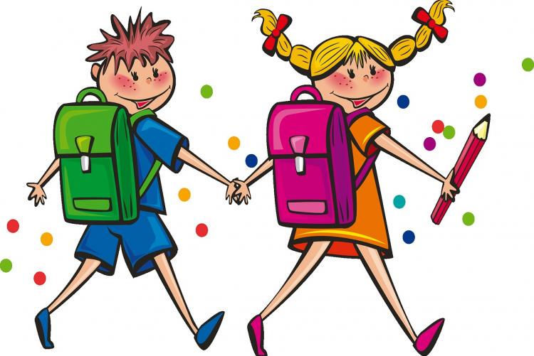 Disegno di un bambino e una bambina che vanno a scuola